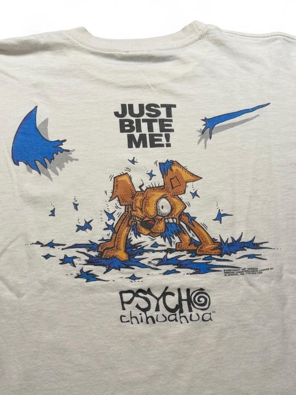 Vintage 90s Psycho Chihuahua Just Bite Me Nike Parody Flip Streetwear Tee Large